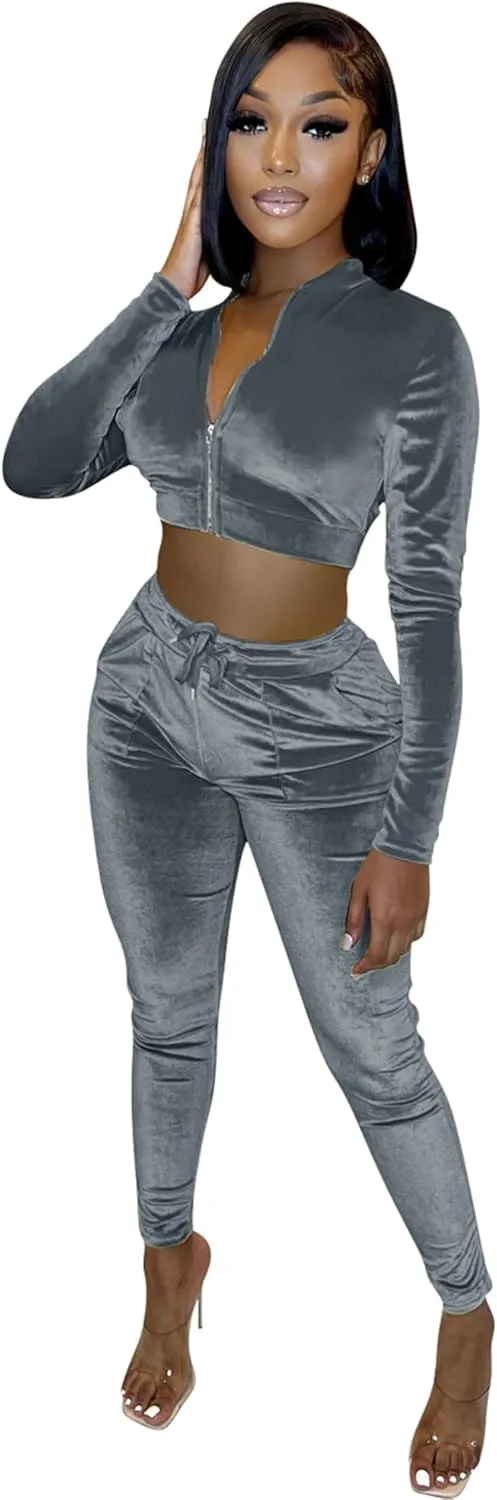 yidengymx Womens 2 Piece Velour Tracksuit Bodycon Zipper-Up Outfits for Women, Long Sleeve Crop Top Pants Jogging Sportswear