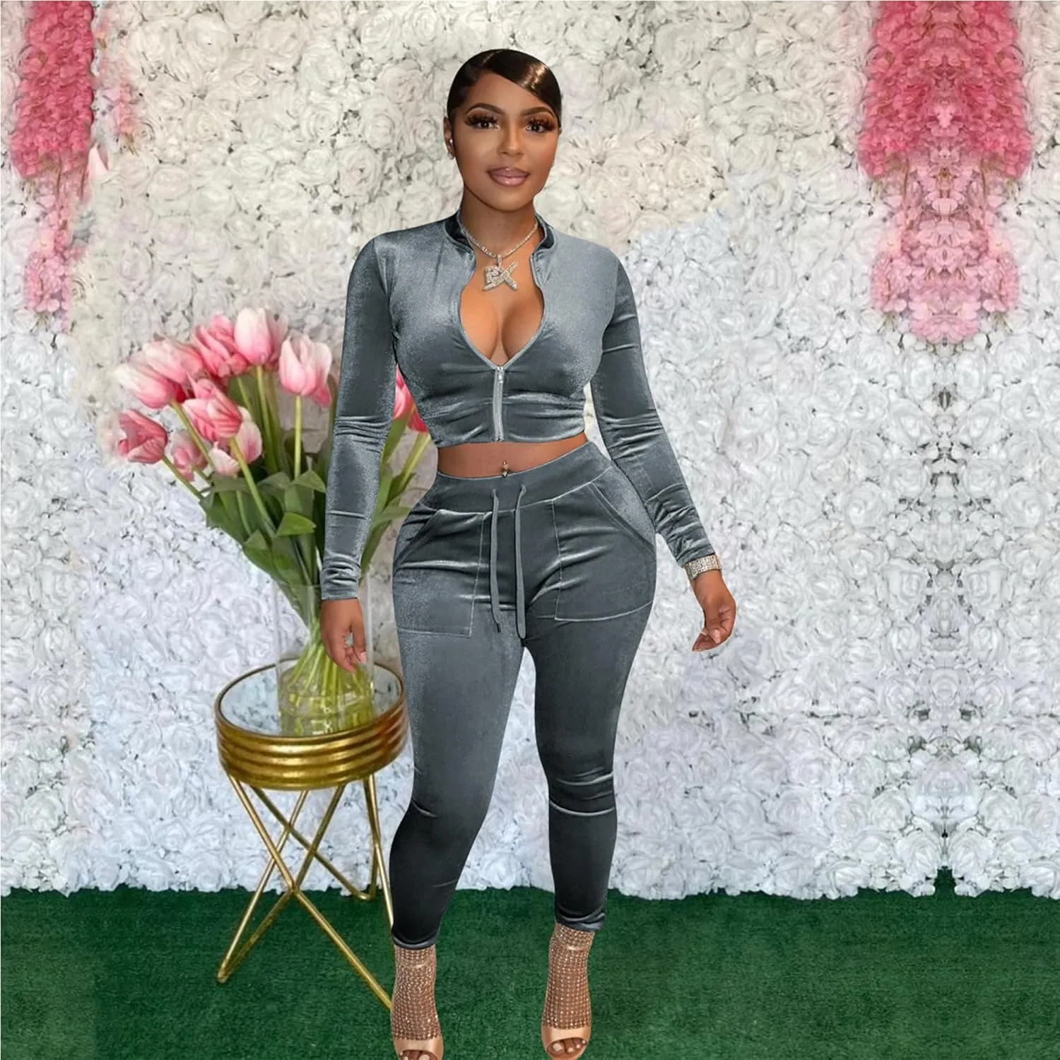 yidengymx Womens 2 Piece Velour Tracksuit Bodycon Zipper-Up Outfits for Women, Long Sleeve Crop Top Pants Jogging Sportswear