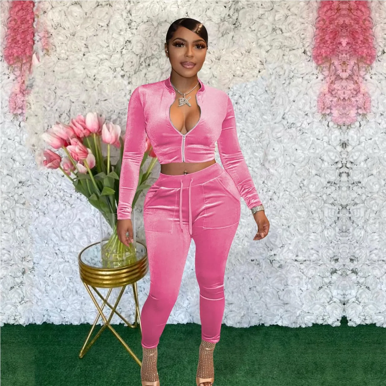 yidengymx Womens 2 Piece Velour Tracksuit Bodycon Zipper-Up Outfits for Women, Long Sleeve Crop Top Pants Jogging Sportswear