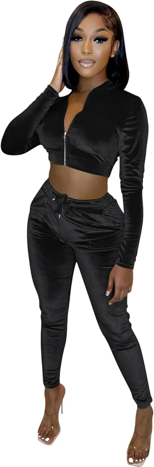 yidengymx Womens 2 Piece Velour Tracksuit Bodycon Zipper-Up Outfits for Women, Long Sleeve Crop Top Pants Jogging Sportswear