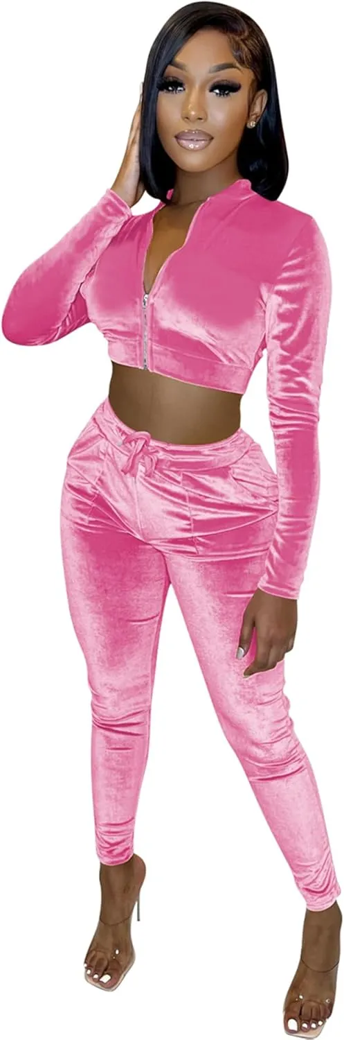 yidengymx Womens 2 Piece Velour Tracksuit Bodycon Zipper-Up Outfits for Women, Long Sleeve Crop Top Pants Jogging Sportswear