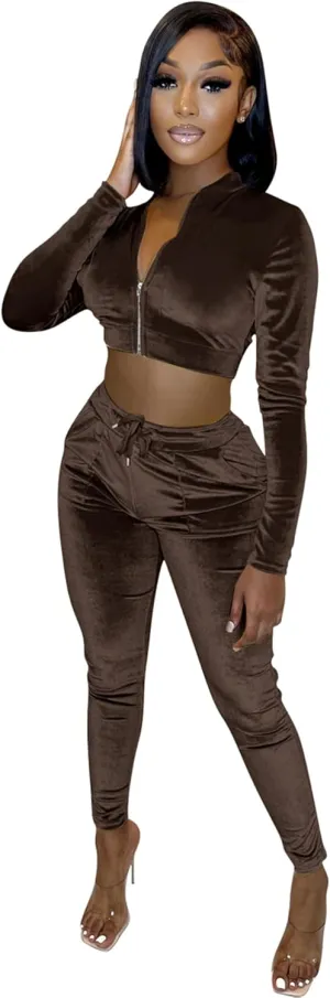 yidengymx Womens 2 Piece Velour Tracksuit Bodycon Zipper-Up Outfits for Women, Long Sleeve Crop Top Pants Jogging Sportswear