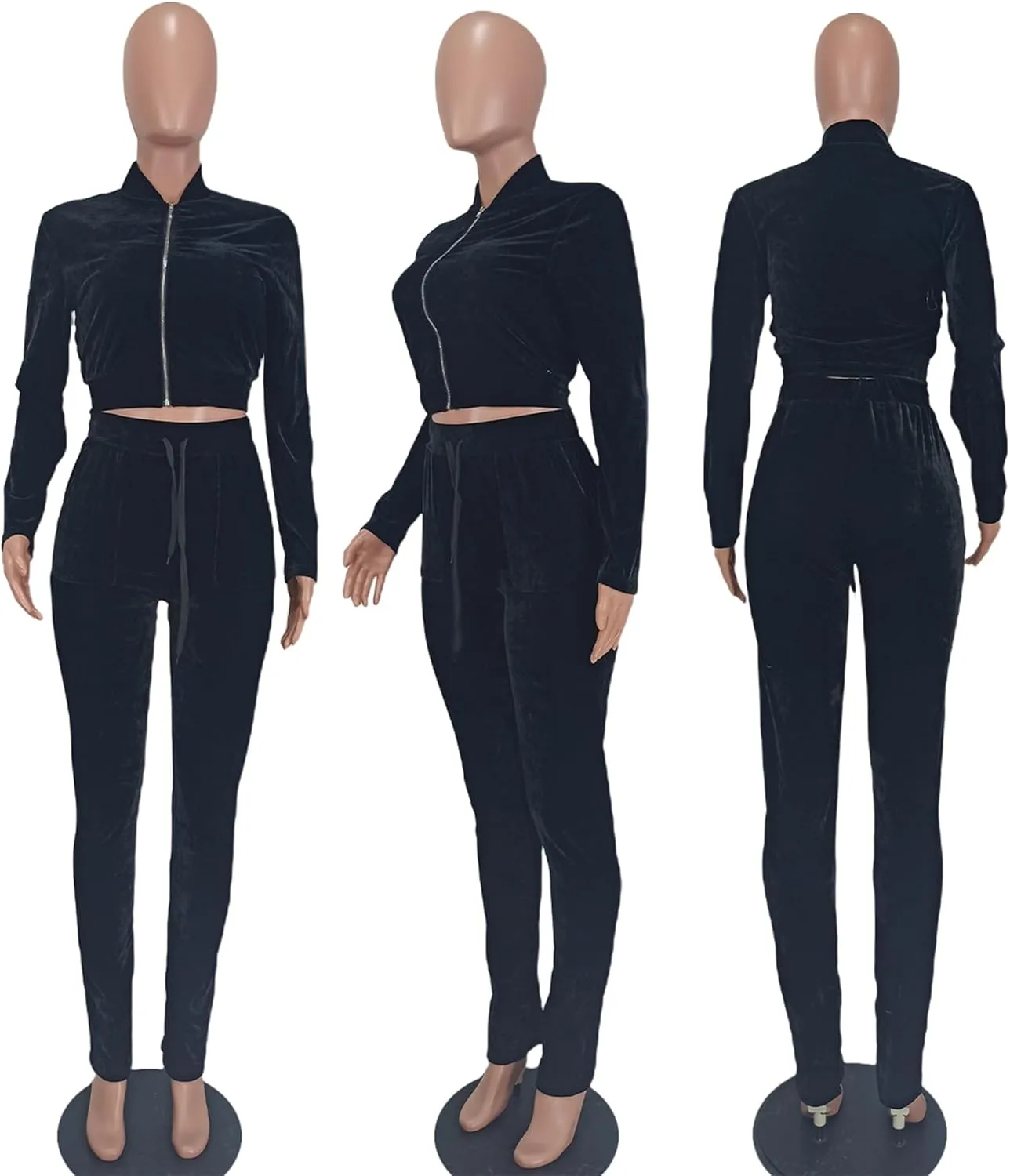 yidengymx Womens 2 Piece Velour Tracksuit Bodycon Zipper-Up Outfits for Women, Long Sleeve Crop Top Pants Jogging Sportswear