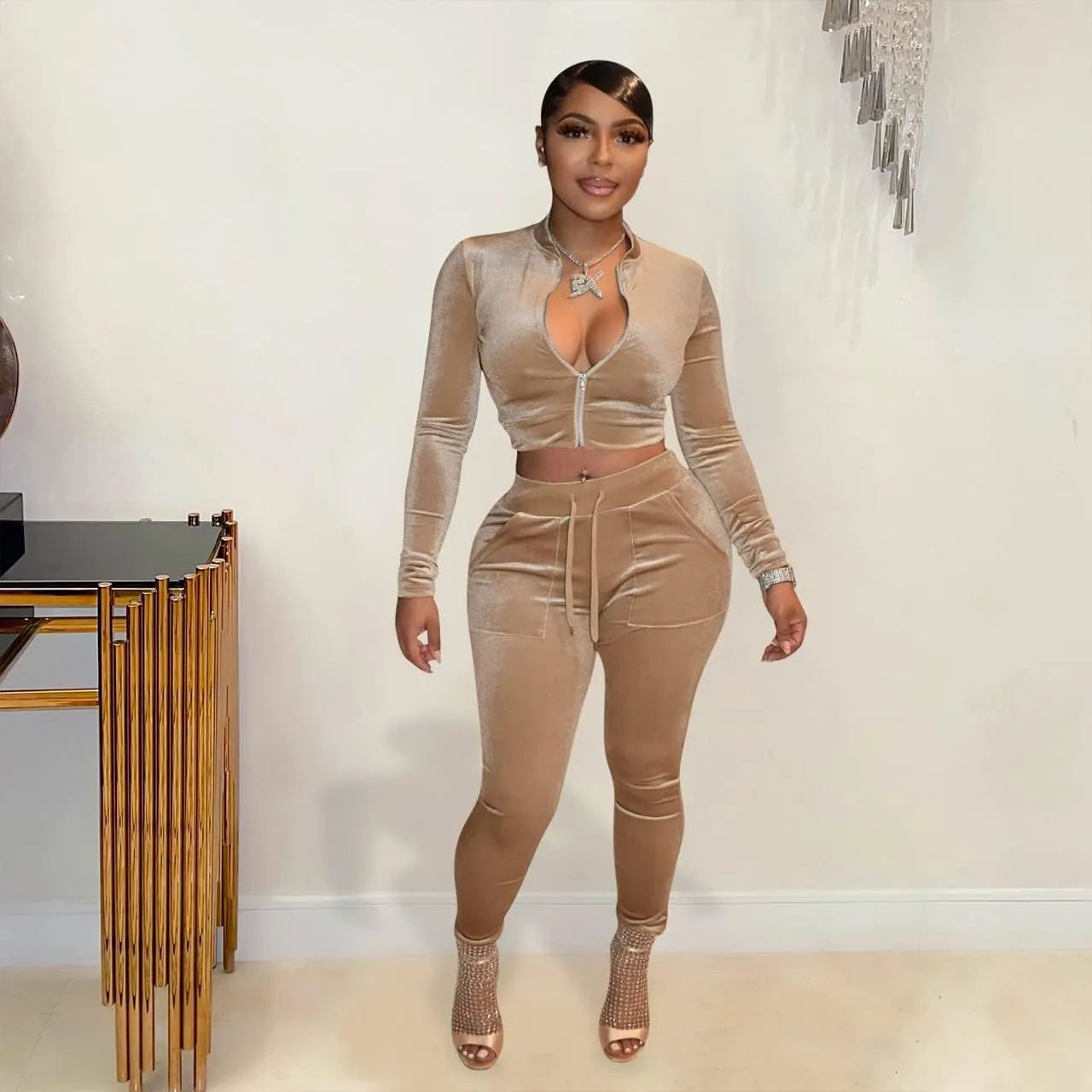 yidengymx Womens 2 Piece Velour Tracksuit Bodycon Zipper-Up Outfits for Women, Long Sleeve Crop Top Pants Jogging Sportswear