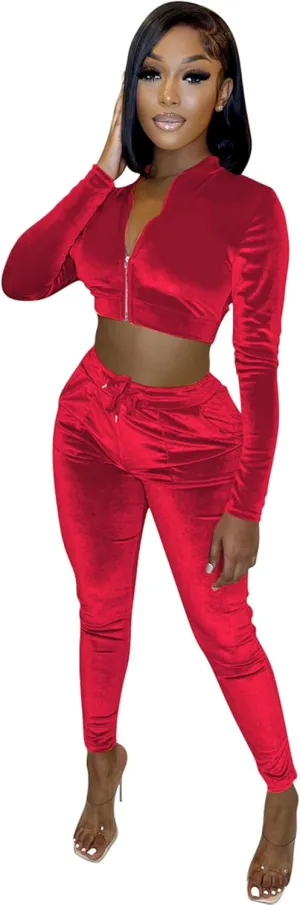 yidengymx Womens 2 Piece Velour Tracksuit Bodycon Zipper-Up Outfits for Women, Long Sleeve Crop Top Pants Jogging Sportswear