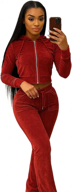 yidengymx Womens Velour Tracksuit Two Piece Outfits for Women Long Sleeve Hooded Zip Crop Tops Flared Pants Set