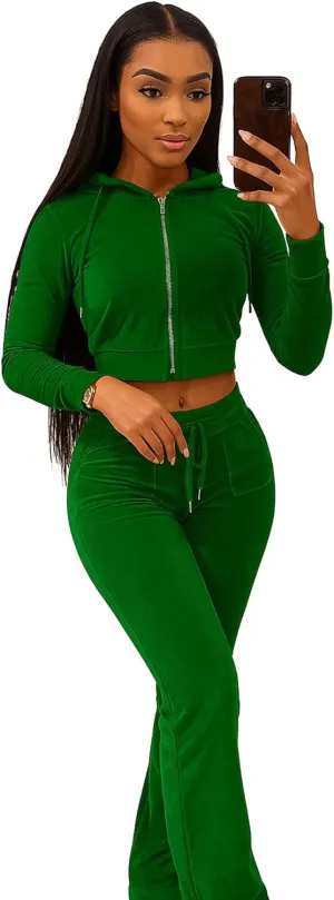 yidengymx Womens Velour Tracksuit Two Piece Outfits for Women Long Sleeve Hooded Zip Crop Tops Flared Pants Set