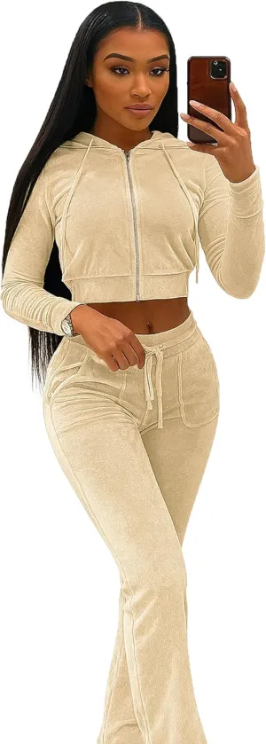 yidengymx Womens Velour Tracksuit Two Piece Outfits for Women Long Sleeve Hooded Zip Crop Tops Flared Pants Set