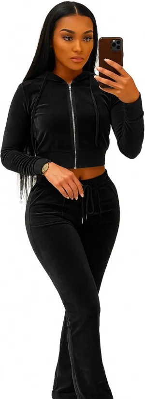 yidengymx Womens Velour Tracksuit Two Piece Outfits for Women Long Sleeve Hooded Zip Crop Tops Flared Pants Set