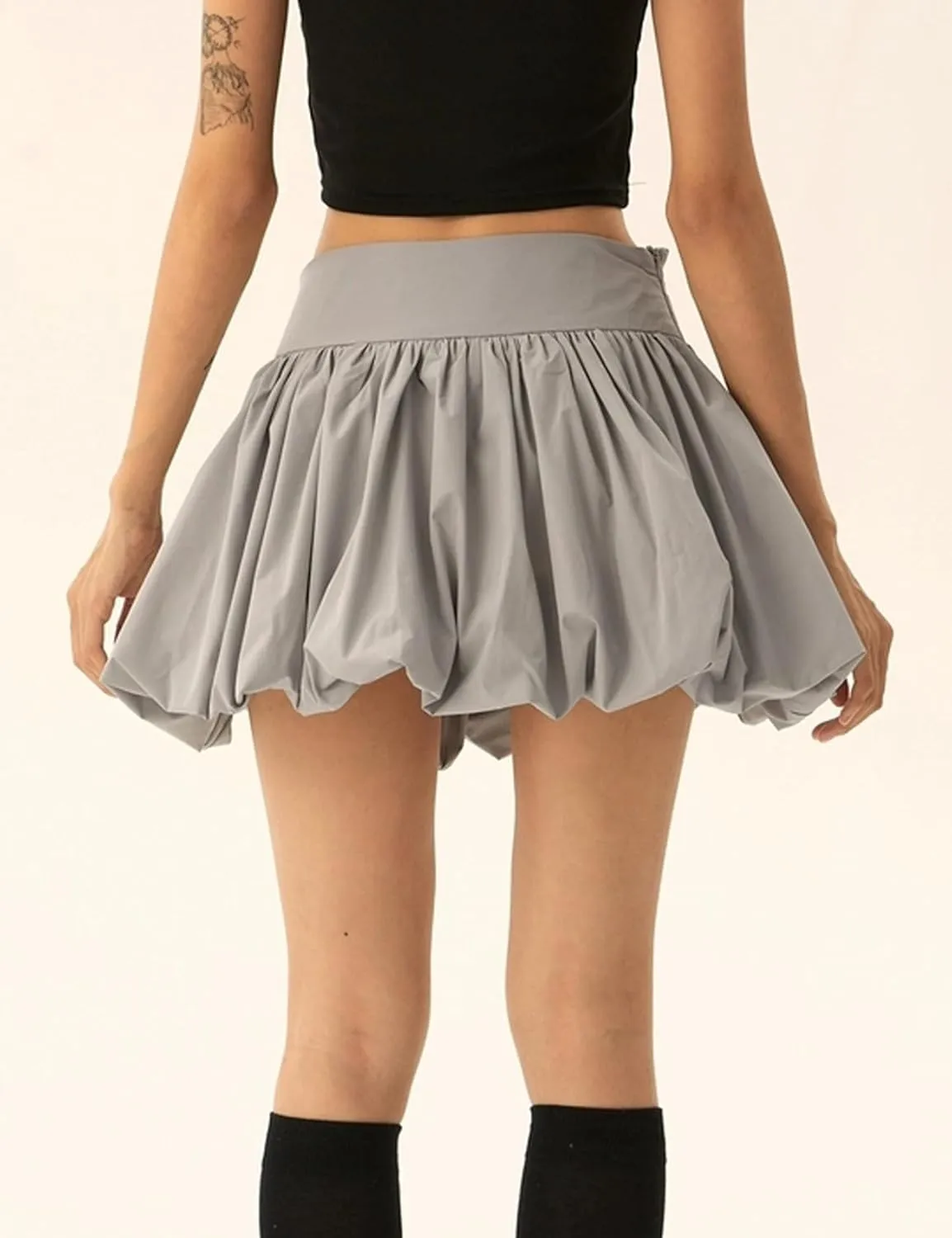Yimoon Women Y2K Bubble Mini Skirt High Waist Pleated Short Skirt Ruffle Hem A Line Flared Puffy Skirts Streetwear