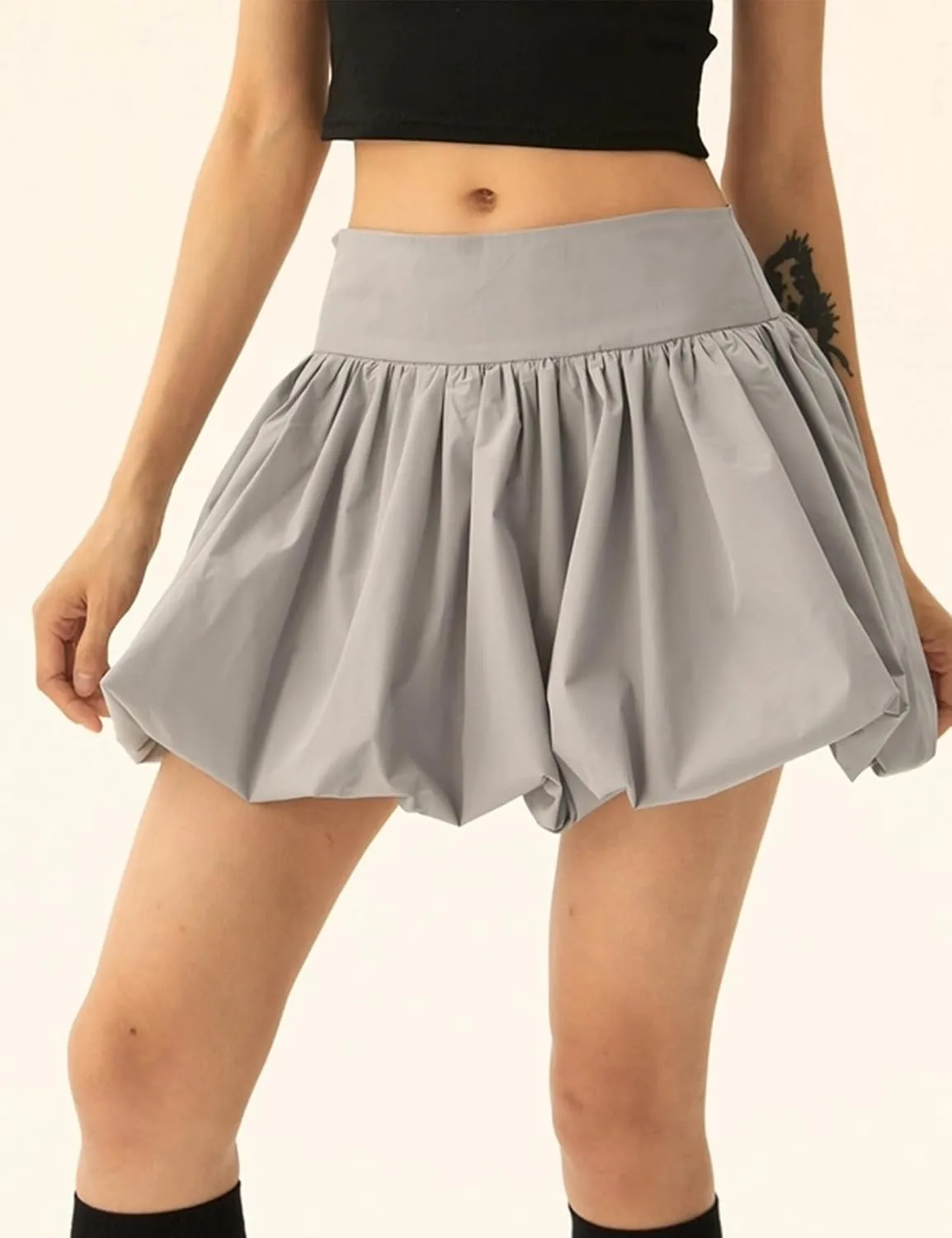 Yimoon Women Y2K Bubble Mini Skirt High Waist Pleated Short Skirt Ruffle Hem A Line Flared Puffy Skirts Streetwear