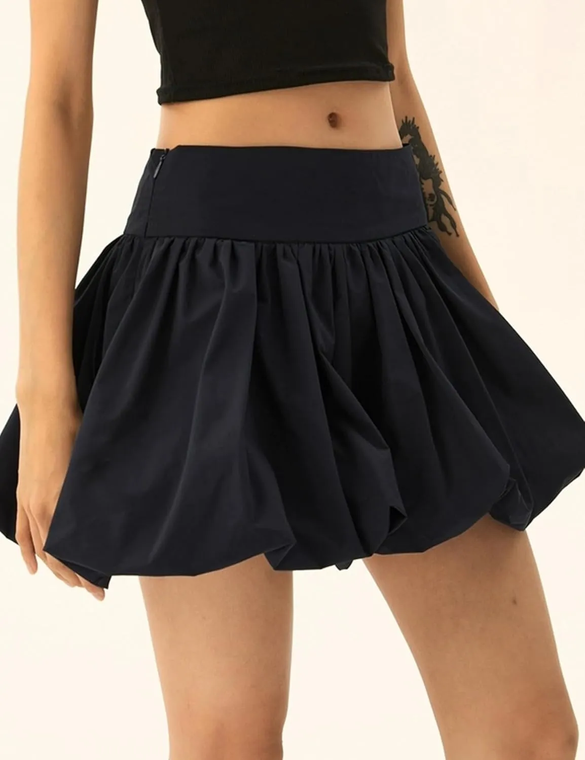 Yimoon Women Y2K Bubble Mini Skirt High Waist Pleated Short Skirt Ruffle Hem A Line Flared Puffy Skirts Streetwear