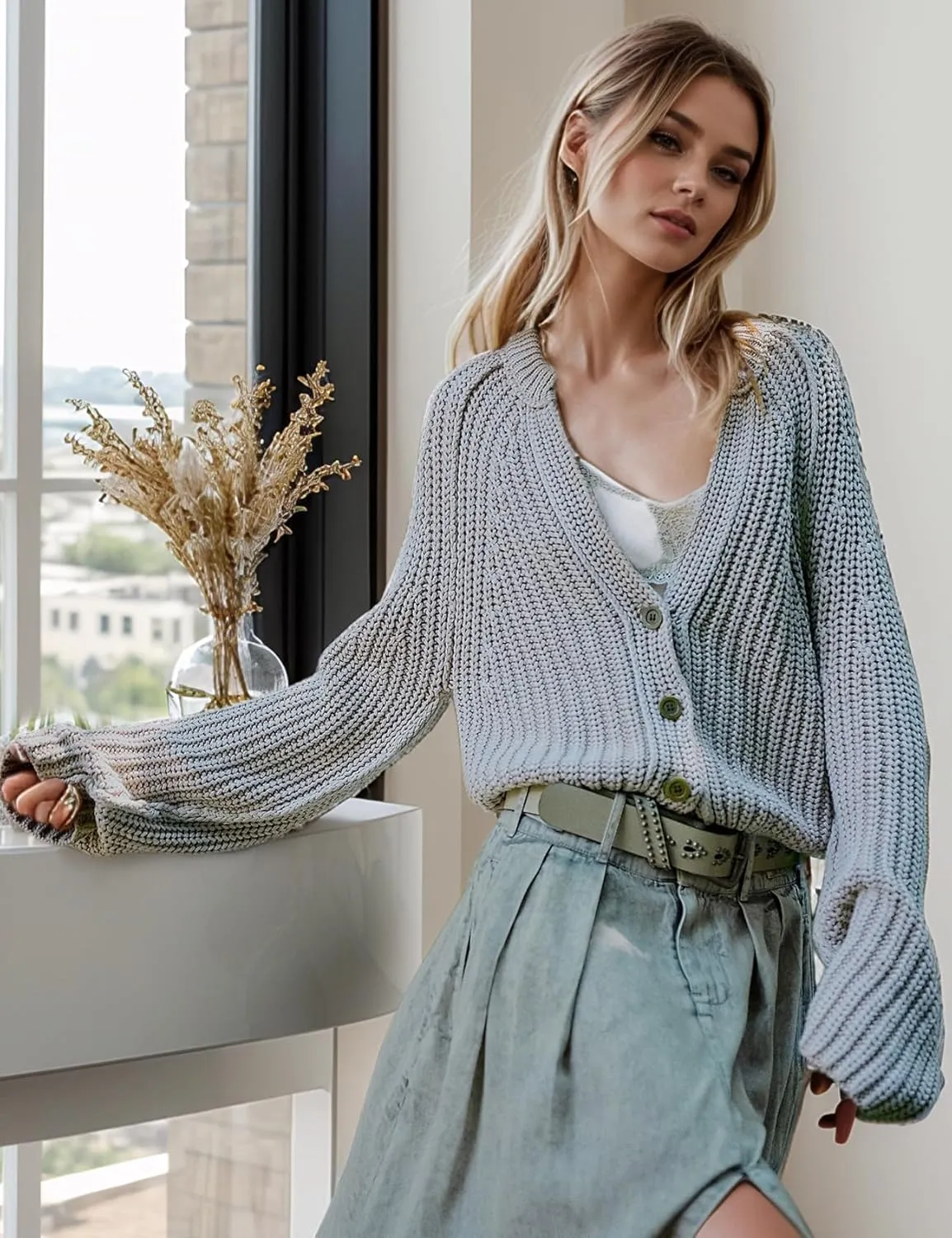 Yimoon Womens Crop Cardigan Sweater Chunky Crewneck Open Font Button Down Cropped Knitted Sweater 2024 Fall
