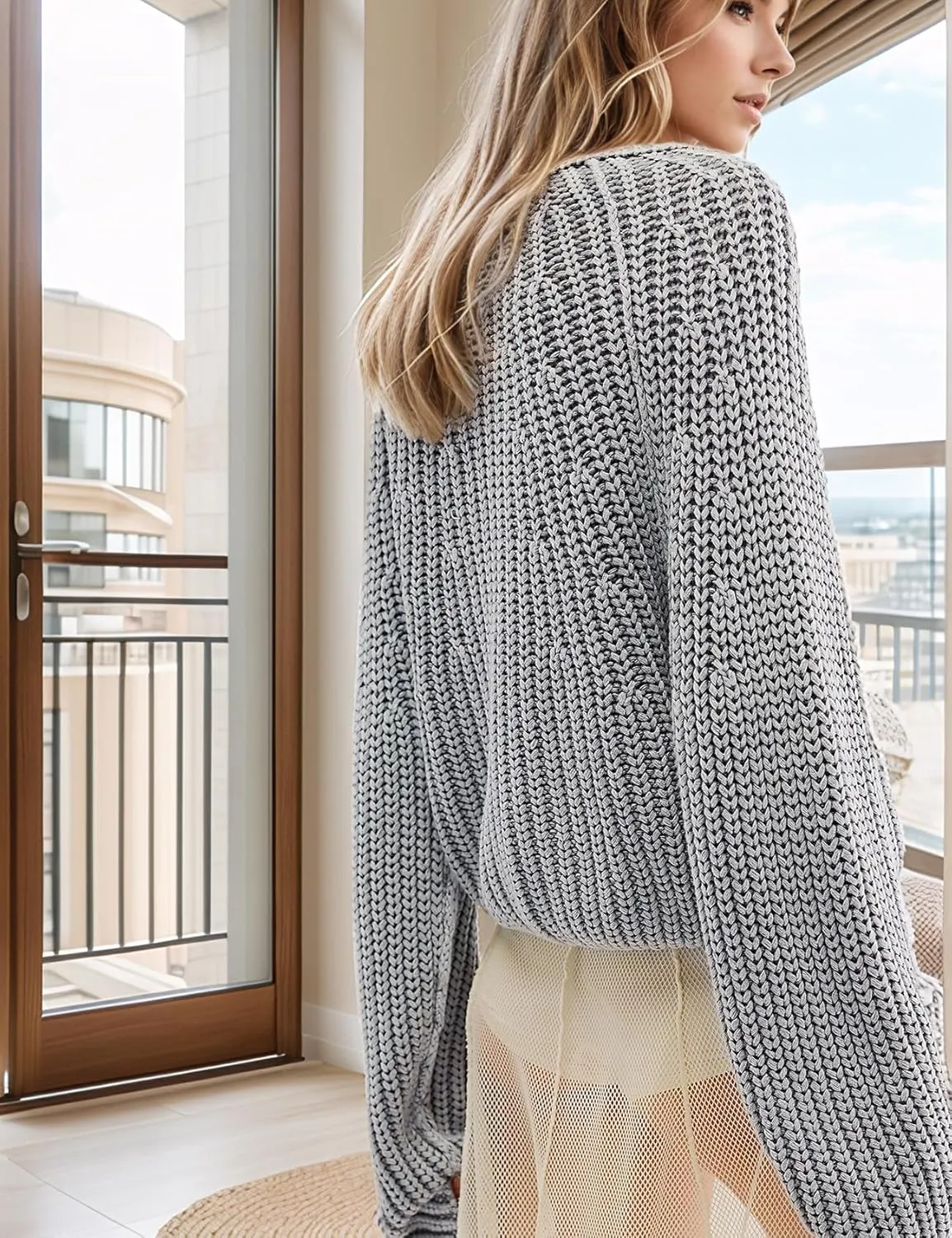 Yimoon Womens Crop Cardigan Sweater Chunky Crewneck Open Font Button Down Cropped Knitted Sweater 2024 Fall