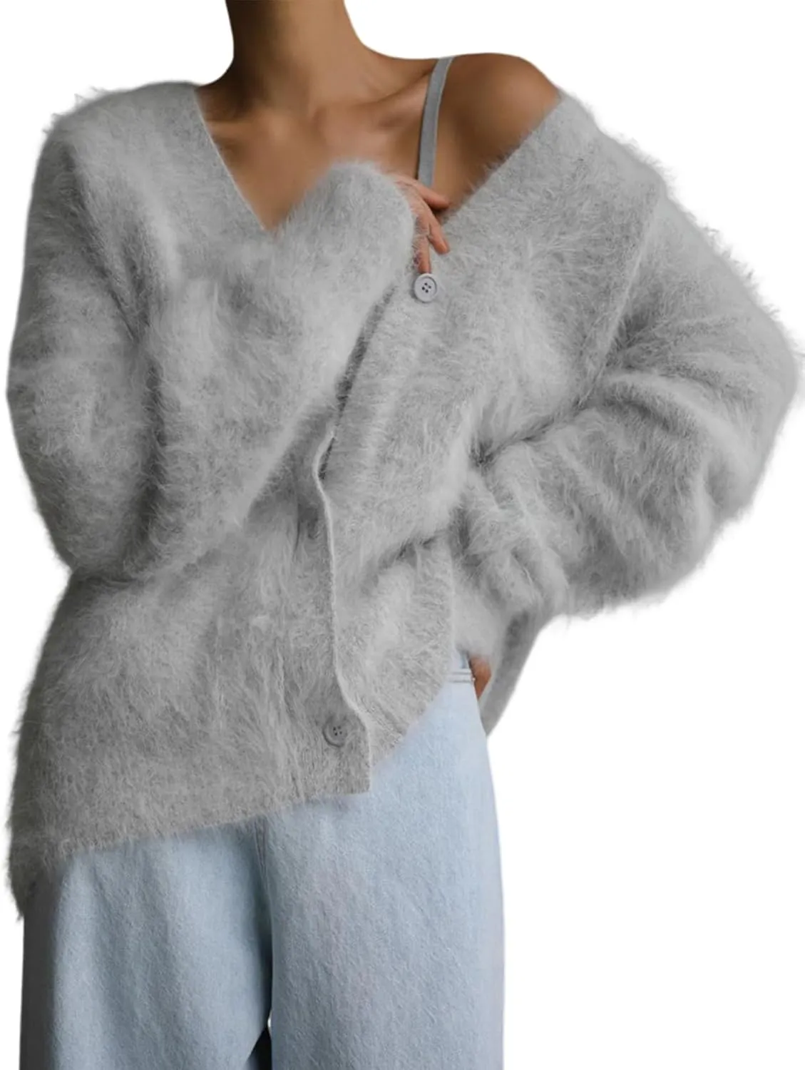 Yimoon Womens Fuzzy Cardigan Sweater V Neck Long Sleeve Button Down Slouchy Furry Knit Sweaters 2024