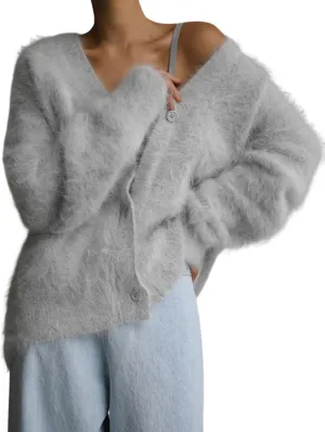 Yimoon Womens Fuzzy Cardigan Sweater V Neck Long Sleeve Button Down Slouchy Furry Knit Sweaters 2024