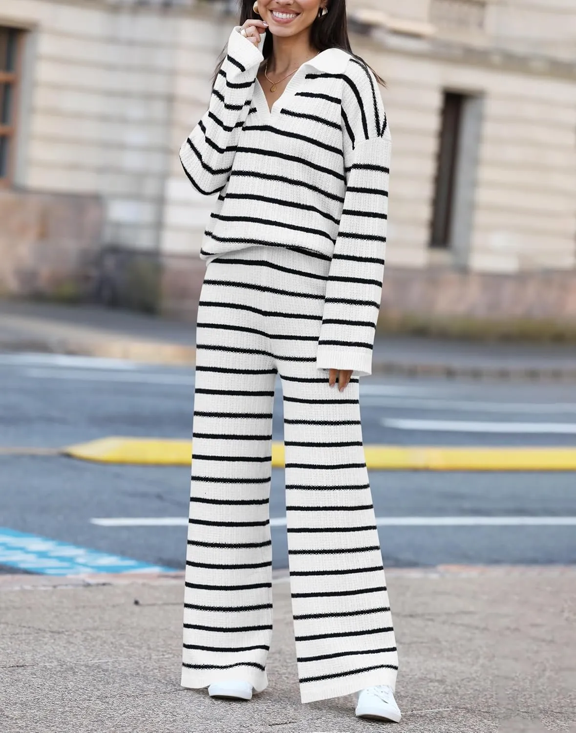 Yousify 2 Piece Sets for Women Long Sleeve V Neck Sweater Lounge Set Striped Fall Outfits 2024 S-2XL