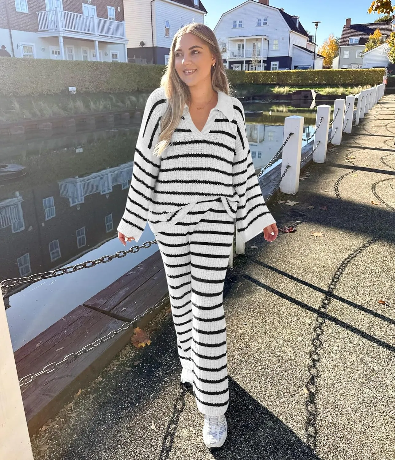 Yousify 2 Piece Sets for Women Long Sleeve V Neck Sweater Lounge Set Striped Fall Outfits 2024 S-2XL