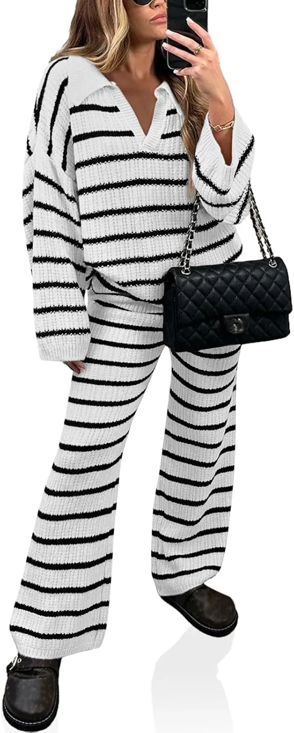 Yousify 2 Piece Sets for Women Long Sleeve V Neck Sweater Lounge Set Striped Fall Outfits 2024 S-2XL