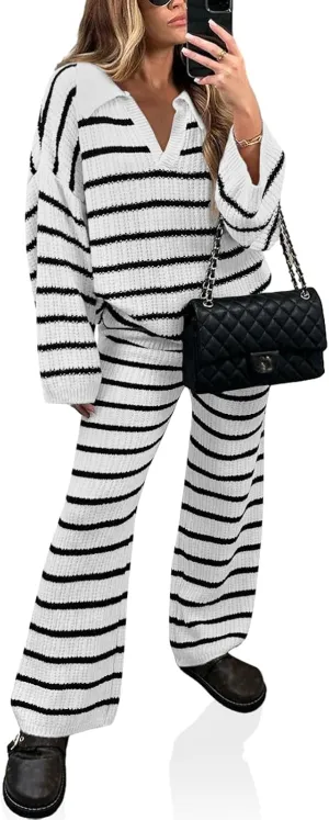Yousify 2 Piece Sets for Women Long Sleeve V Neck Sweater Lounge Set Striped Fall Outfits 2024 S-2XL