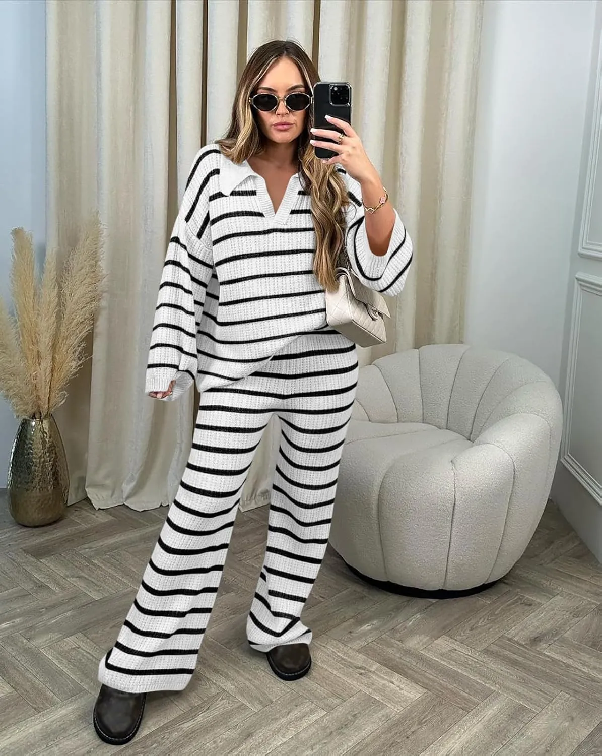 Yousify 2 Piece Sets for Women Long Sleeve V Neck Sweater Lounge Set Striped Fall Outfits 2024 S-2XL