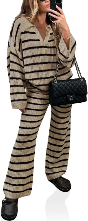 Yousify 2 Piece Sets for Women Long Sleeve V Neck Sweater Lounge Set Striped Fall Outfits 2024 S-2XL