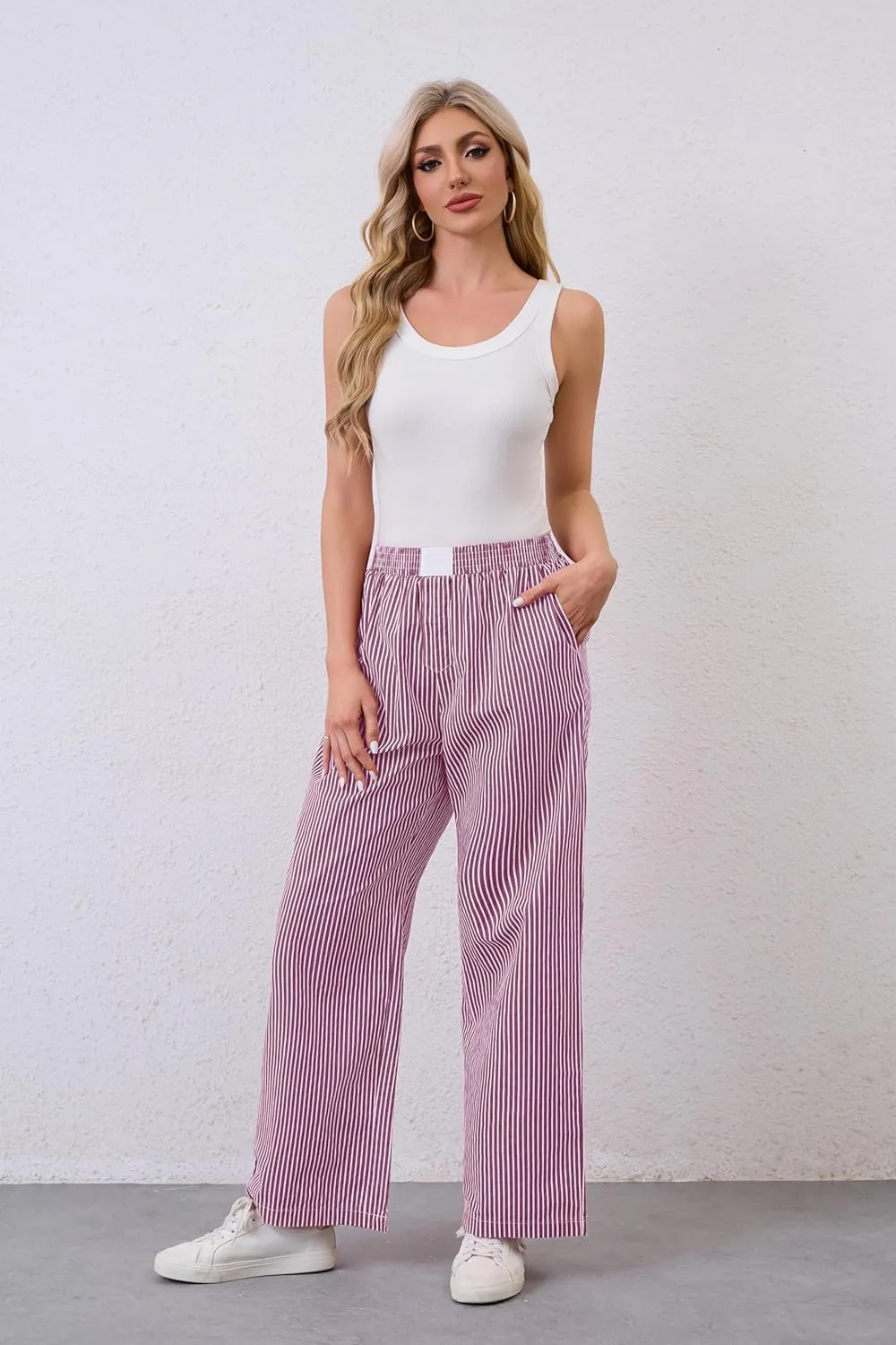 Ythomm Womens Striped Lounge Pants Low Waist Elastic Wide Leg Y2k Casual Boxer Trousers Loose Fit Pajama Pants with Pockets