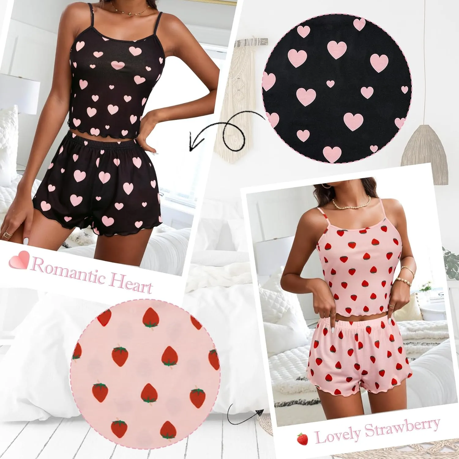 Zando Cute Pajama Sets for Women Summer Pajamas- 2 Piece Strawberry Print Sexy Cami Top and Shorts Pj Set