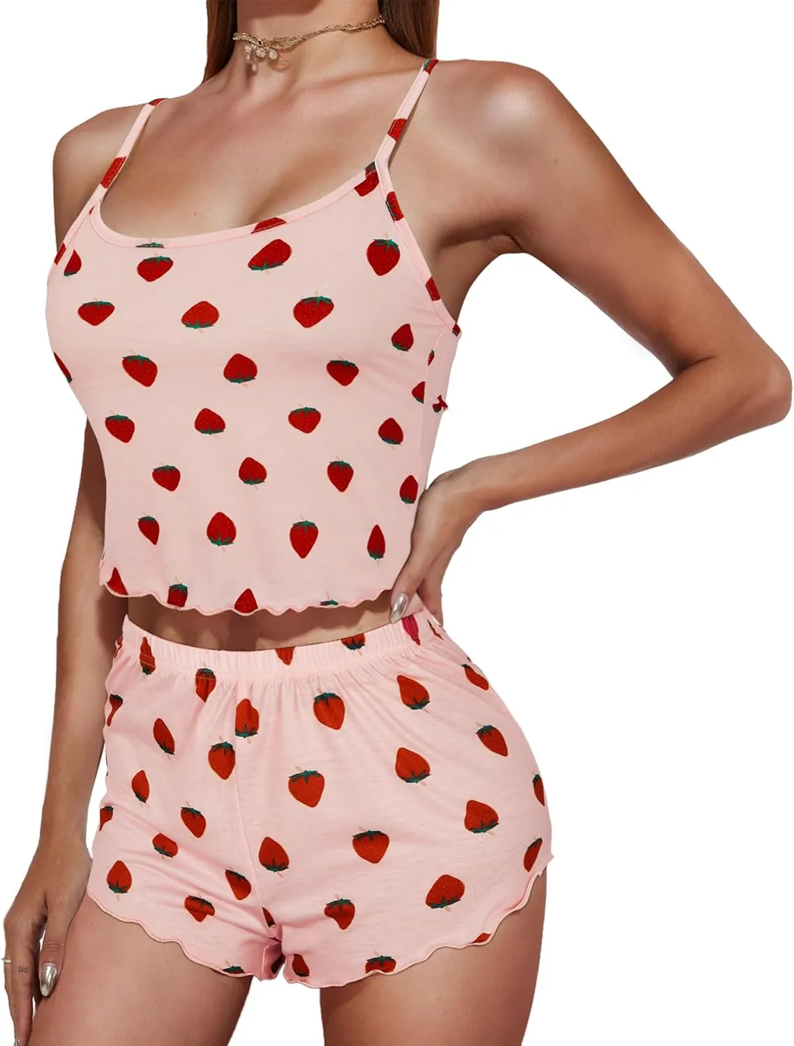 Zando Cute Pajama Sets for Women Summer Pajamas- 2 Piece Strawberry Print Sexy Cami Top and Shorts Pj Set