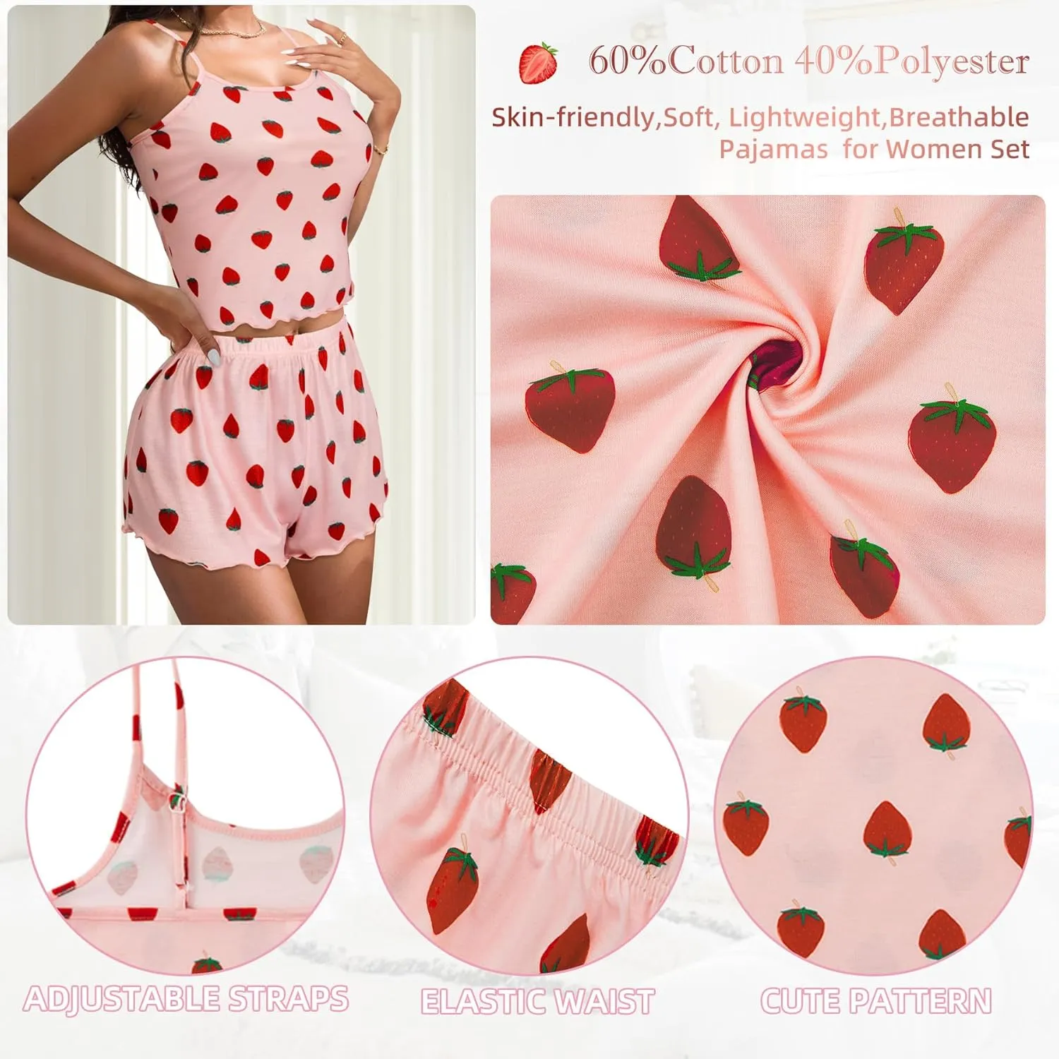 Zando Cute Pajama Sets for Women Summer Pajamas- 2 Piece Strawberry Print Sexy Cami Top and Shorts Pj Set