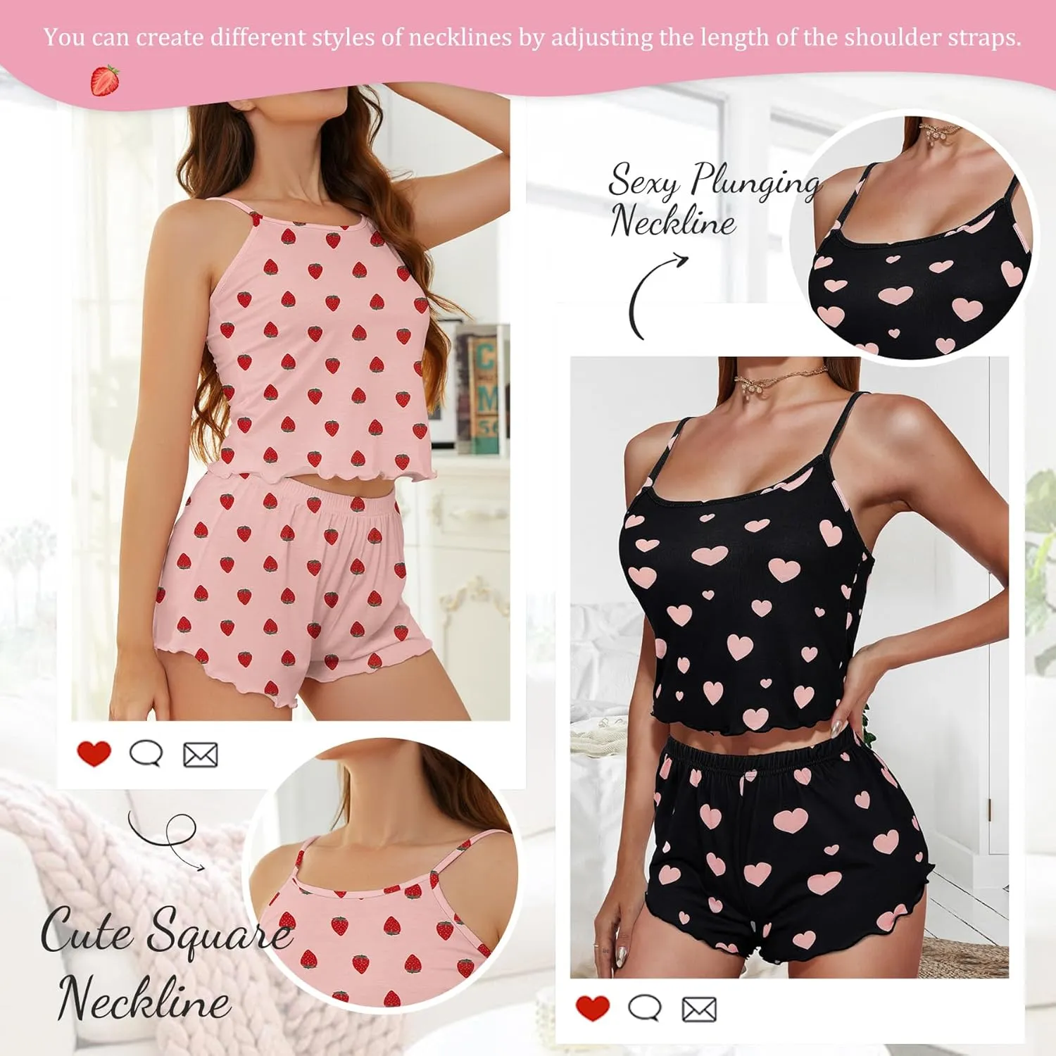 Zando Cute Pajama Sets for Women Summer Pajamas- 2 Piece Strawberry Print Sexy Cami Top and Shorts Pj Set