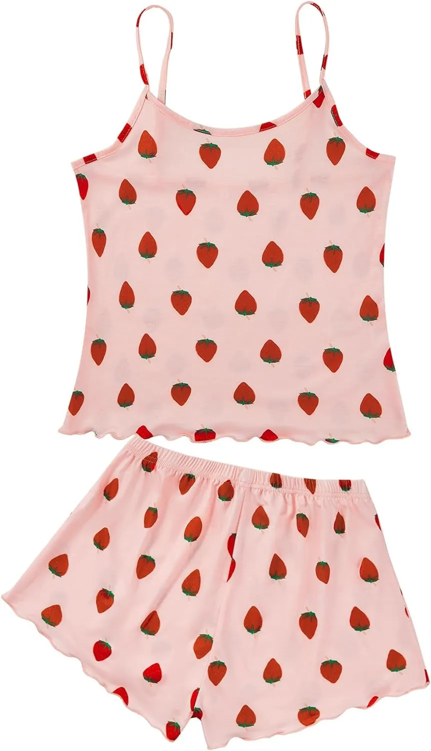 Zando Cute Pajama Sets for Women Summer Pajamas- 2 Piece Strawberry Print Sexy Cami Top and Shorts Pj Set